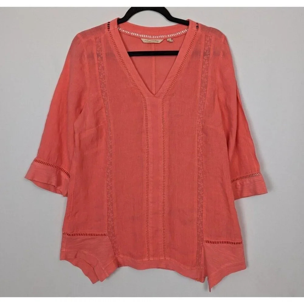 Soft Surroundings PM Coral Linen V-Neck 3/4 Sleeve Tunic Pullover Blouse Top